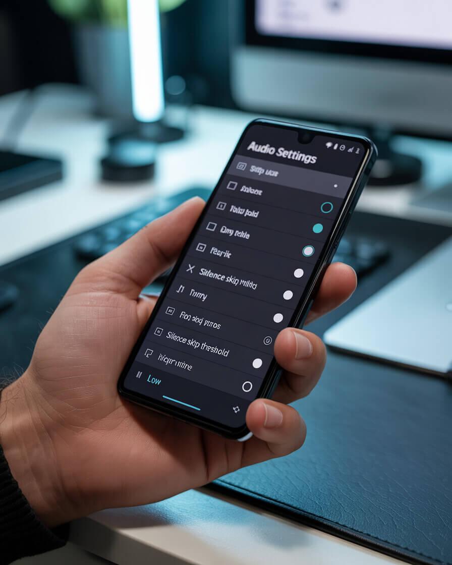 Close-up of an Android phone screen showing detailed settings for silence skipping threshold