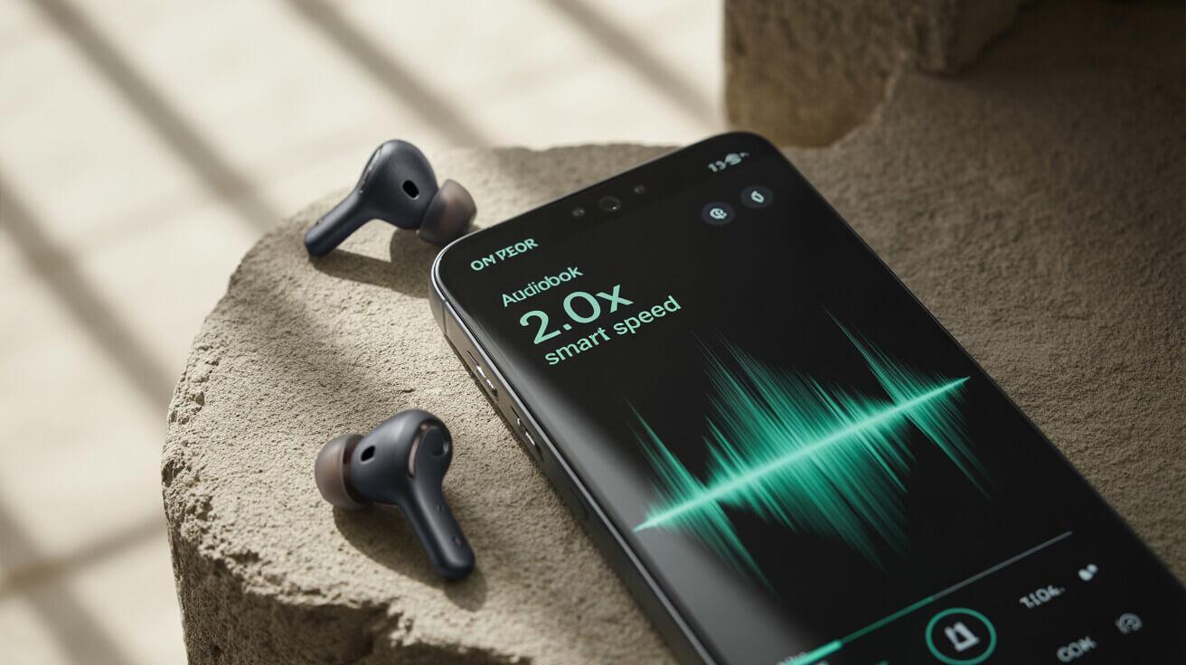 High-end smartphone displaying audiobook interface on a concrete surface