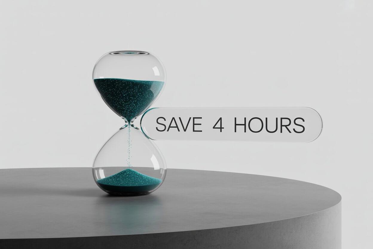 3D illustration of an hourglass filled with digital particles representing time saved