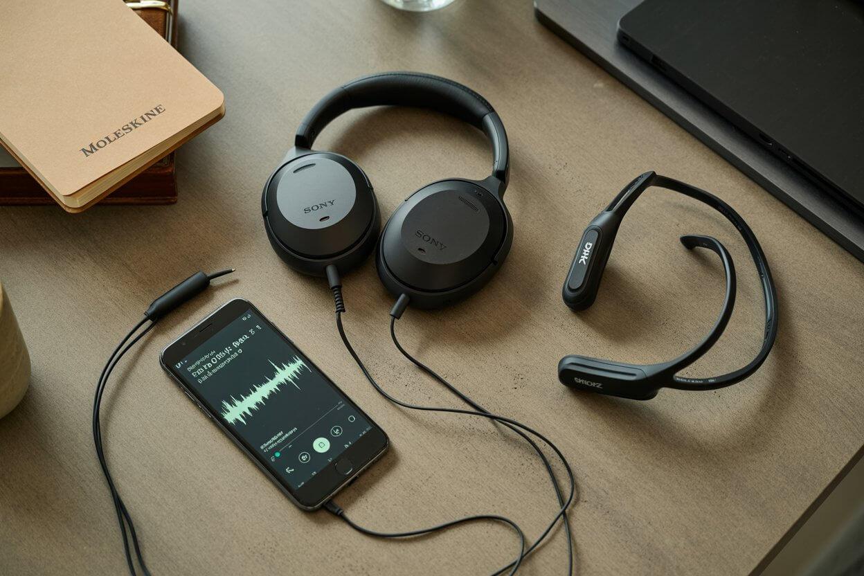 Flatlay of headphones and phone