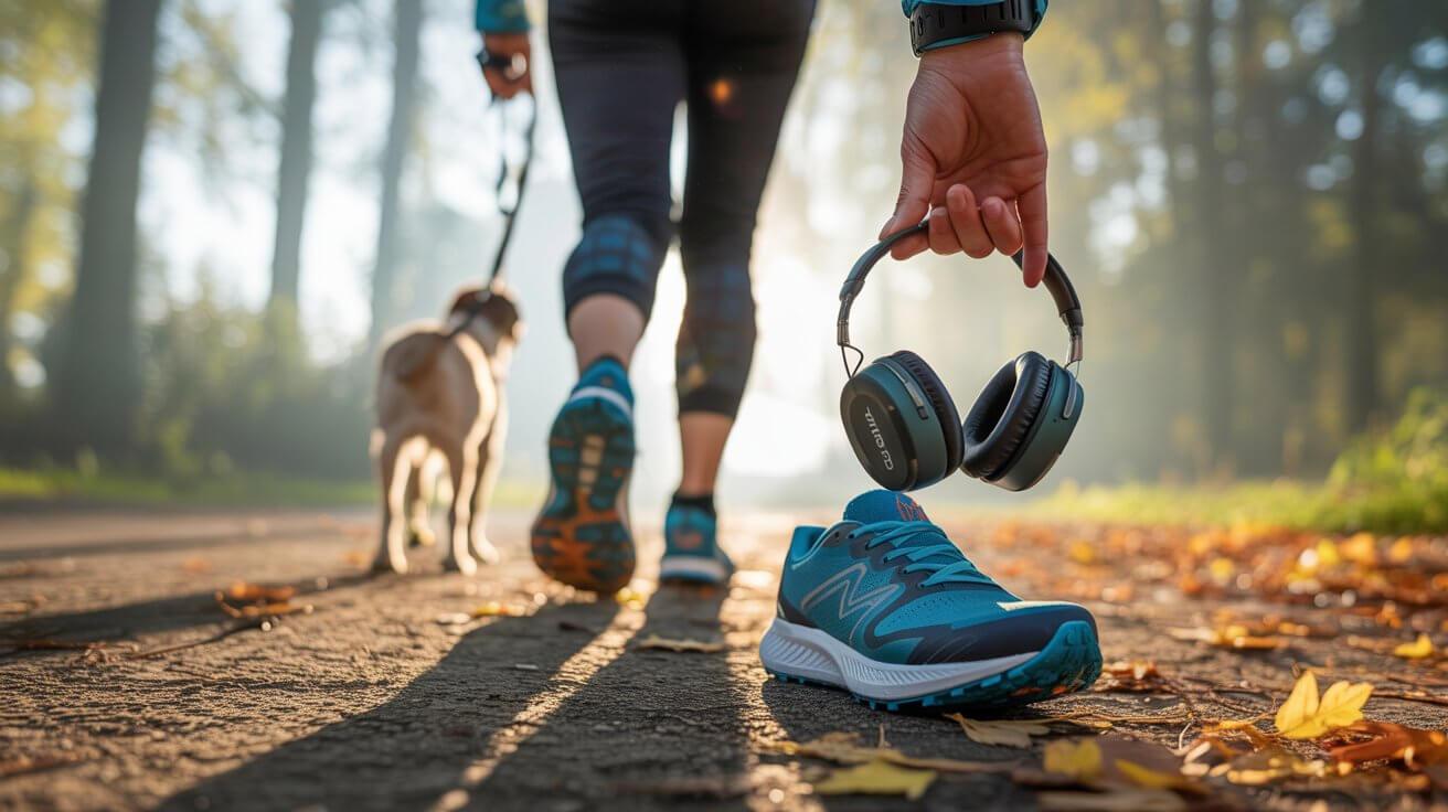POV of walking a dog with headphones