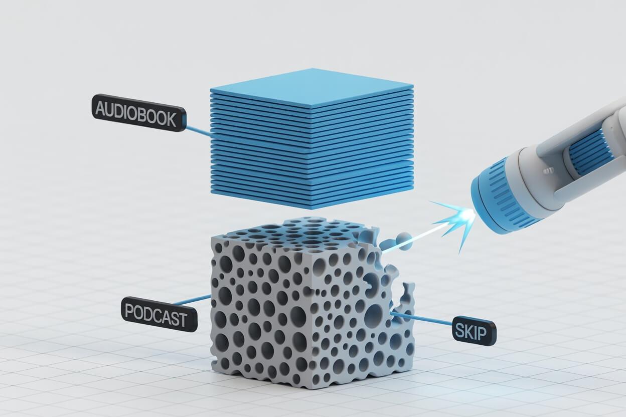 Visual comparison of dense audiobook waveforms vs porous podcast waveforms