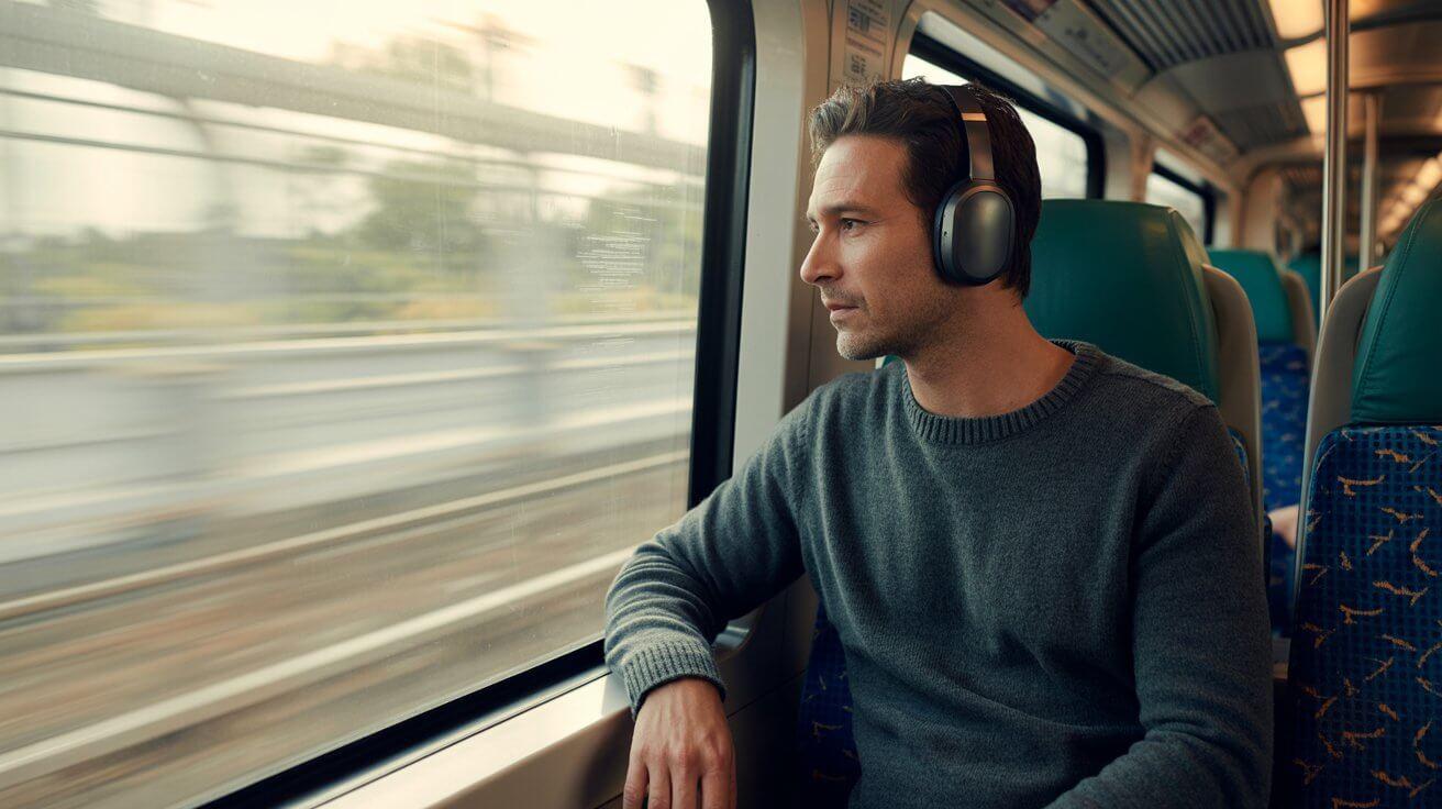 Man focused while listening to audiobooks with headphones