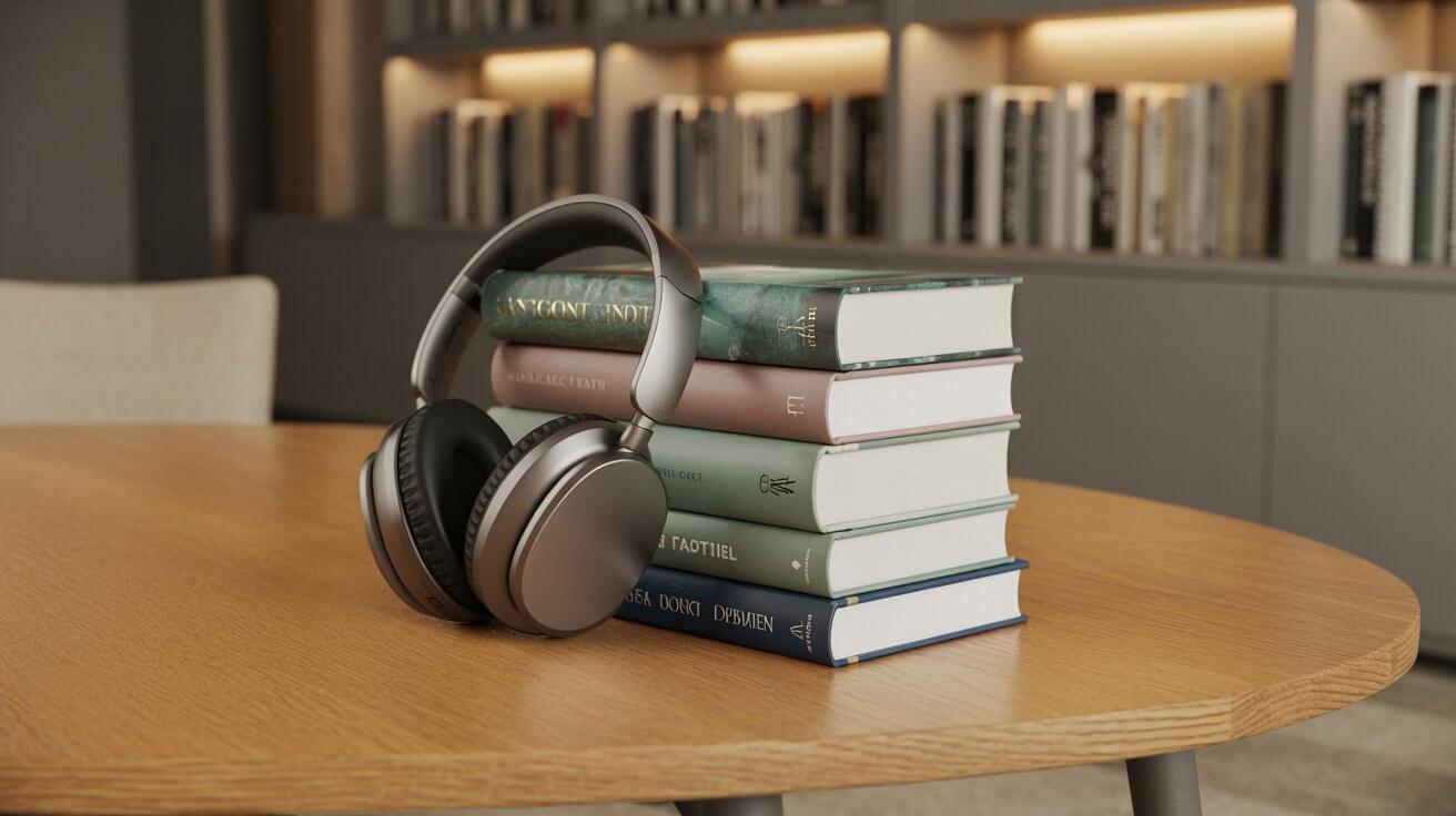 Stack of non-fiction books with premium headphones on a desk