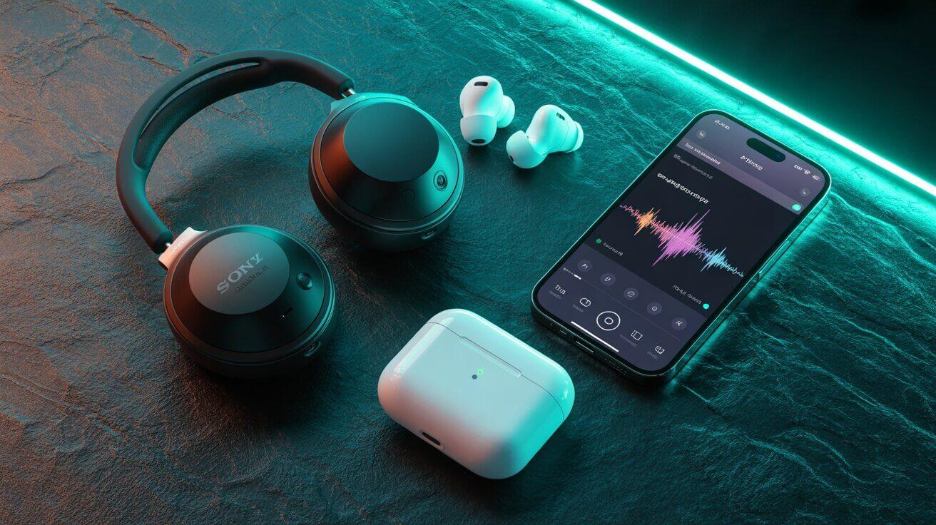 Flatlay of Sony XM5, Shokz and AirPods