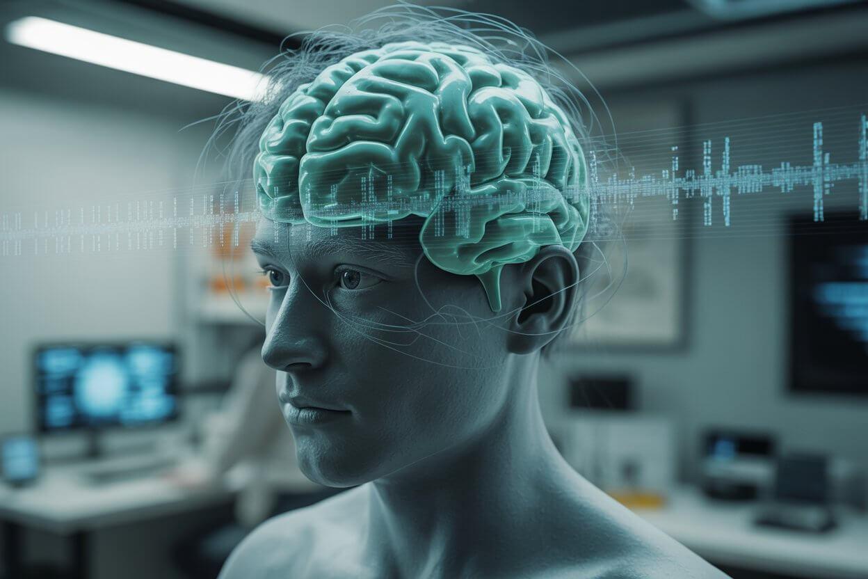 Conceptual visualization of a brain processing high-speed audio data