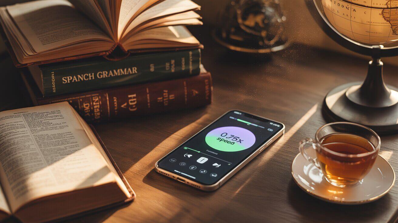 Language learning materials with phone set to 0.75x speed